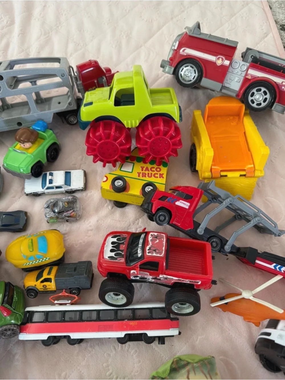 Kids cars, trucks, balls, action figures toy bundle